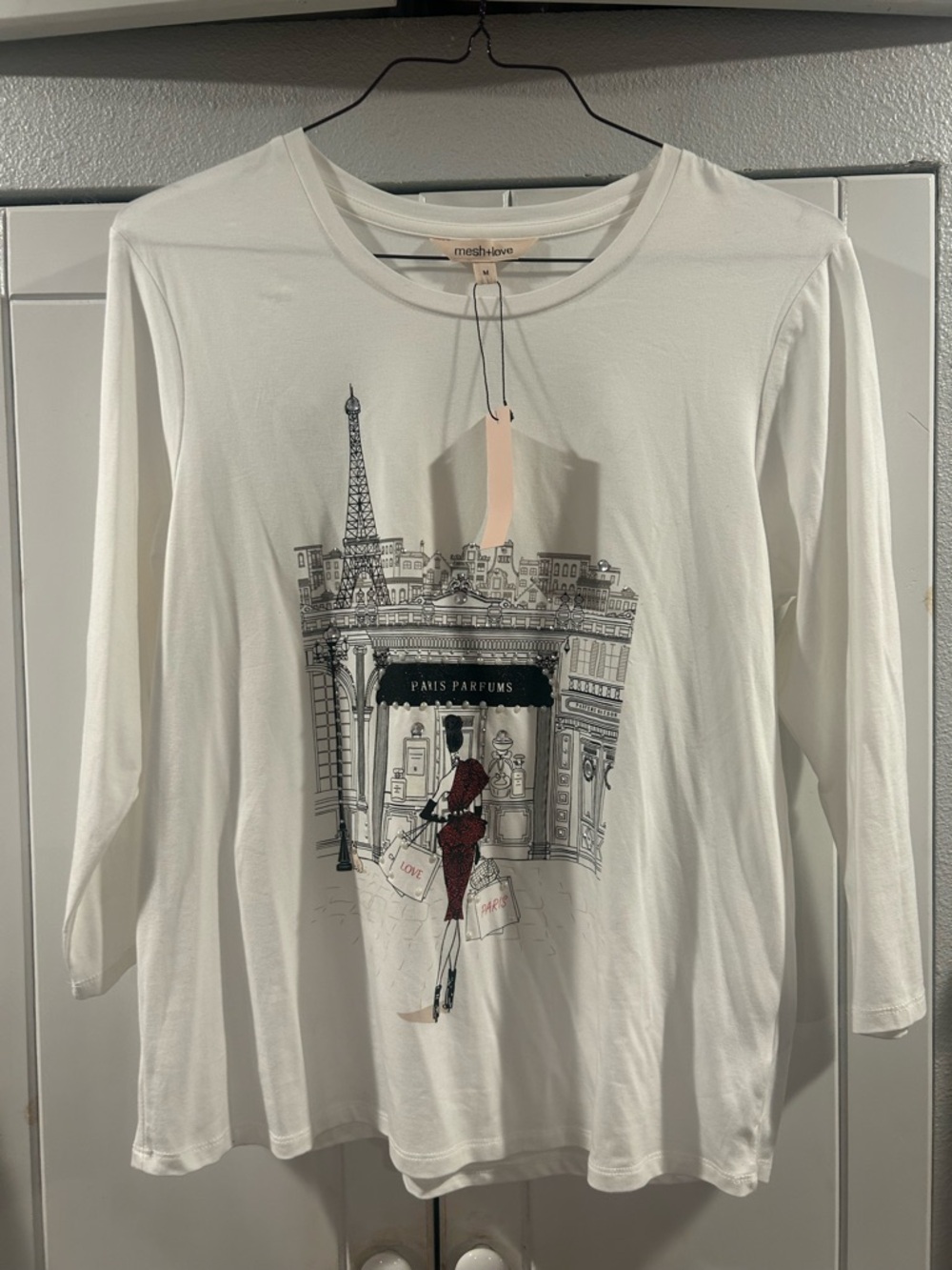 Mesh & Love White Paris Graphic Long-Sleeve Tee
